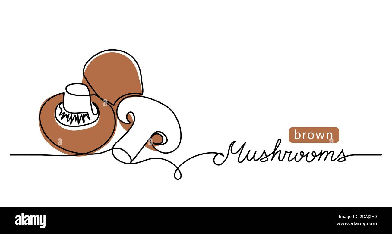 Funghi, champignon marrone, illustrazione vettoriale. Illustrazione di un disegno di linea con i funghi marroni di scrittura Illustrazione Vettoriale