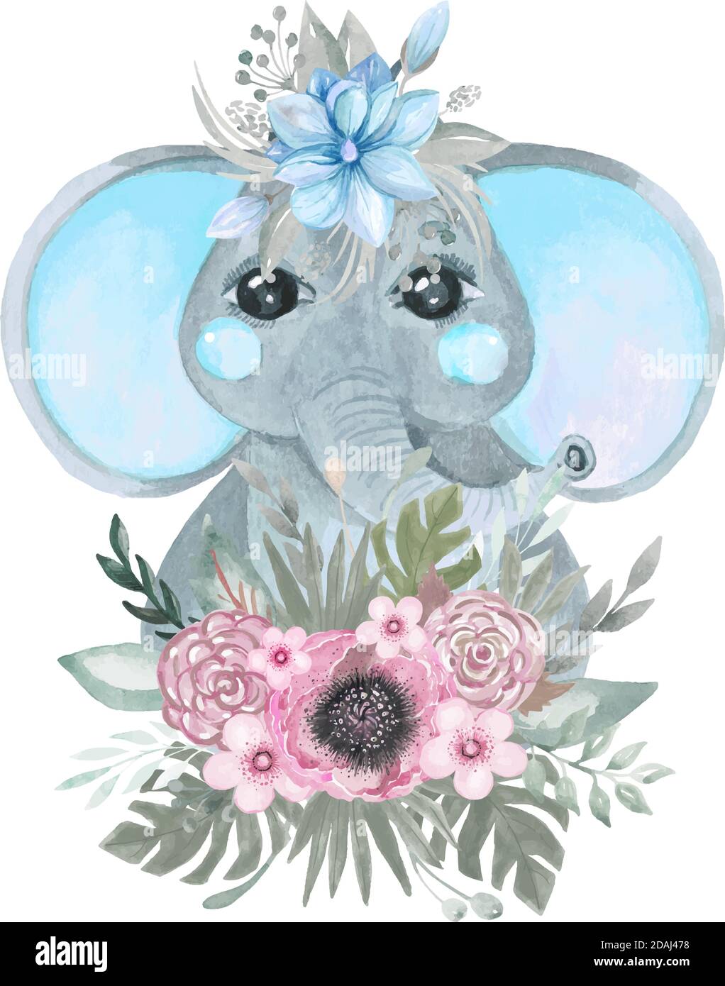 Simpatico elefante in una corona di fiori. Poster per camera per bambini, doccia per bambini, parete art. Allestimento botanico Illustrazione Vettoriale