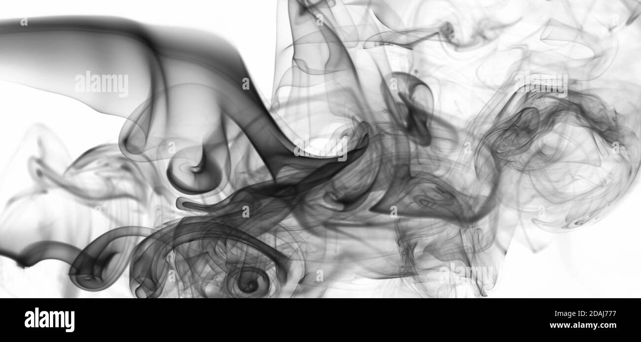 Abstract nero trasparente banner fumo su sfondo bianco. Nuvola di mistero fumo curva Foto Stock