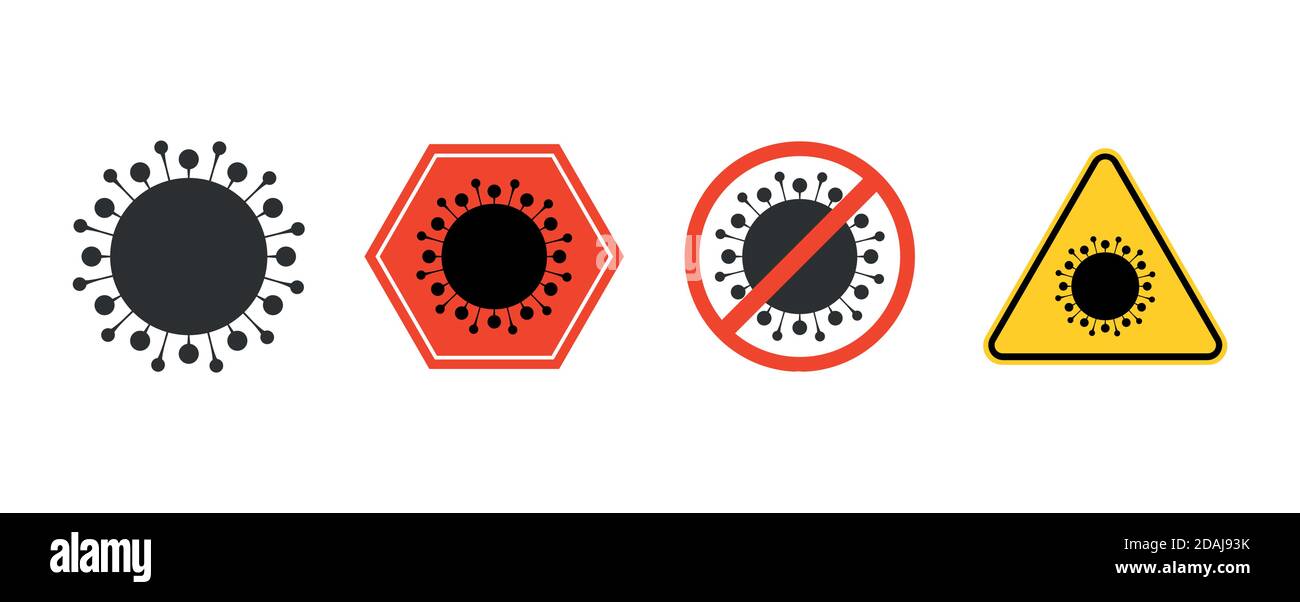 Set di avvisi di quarantena con l'icona del coronavirus. Immagine vettoriale del logo del segno di avvertimento del virus corona isolata su sfondo bianco. Illustrazione Vettoriale