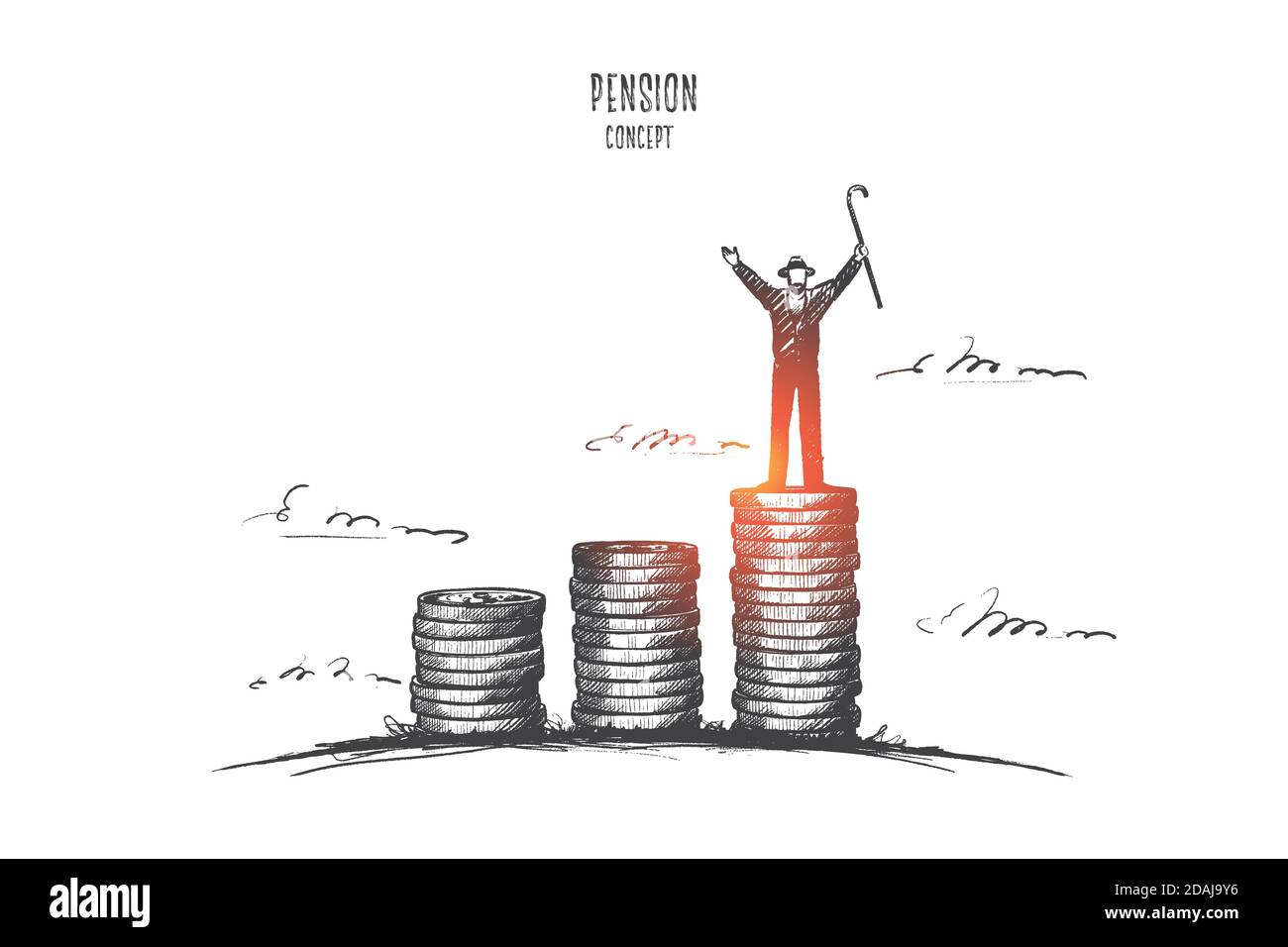 Concetto di pensione. Vettore isolato disegnato a mano. Illustrazione Vettoriale