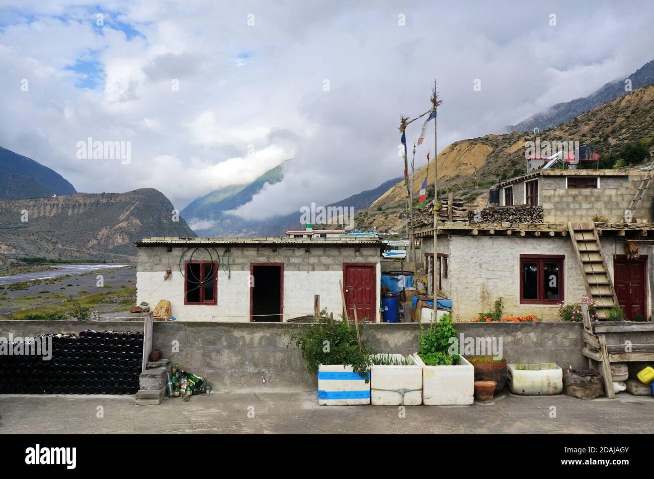 Tipiche case nepalesi fatte di blocchi con fiori di fronte a loro nella città di Jomsom in Nepal, distretto di Mustang. Foto Stock