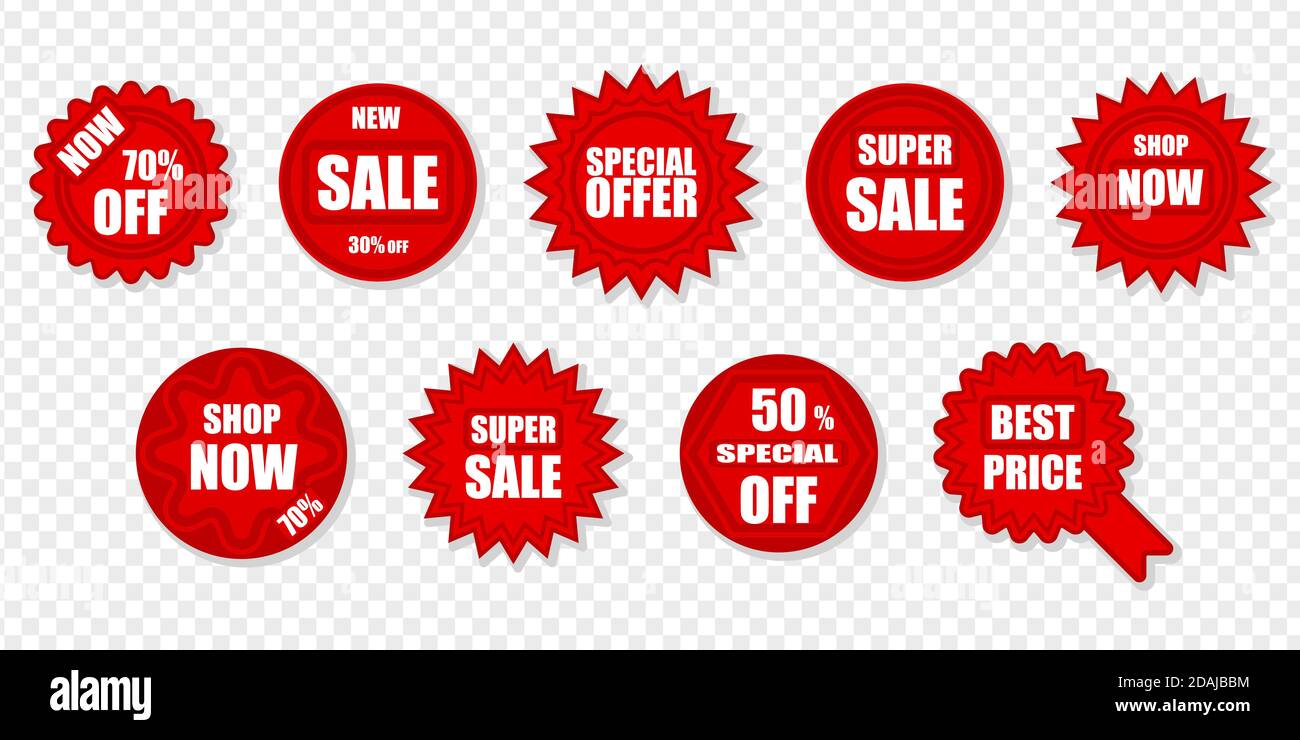 Offerta di sconto sulle etichette dei prezzi dei prodotti. Stagionatura vendita badge vettore isolato pronto all'uso banner di vendita a forma di stella rossa Illustrazione Vettoriale