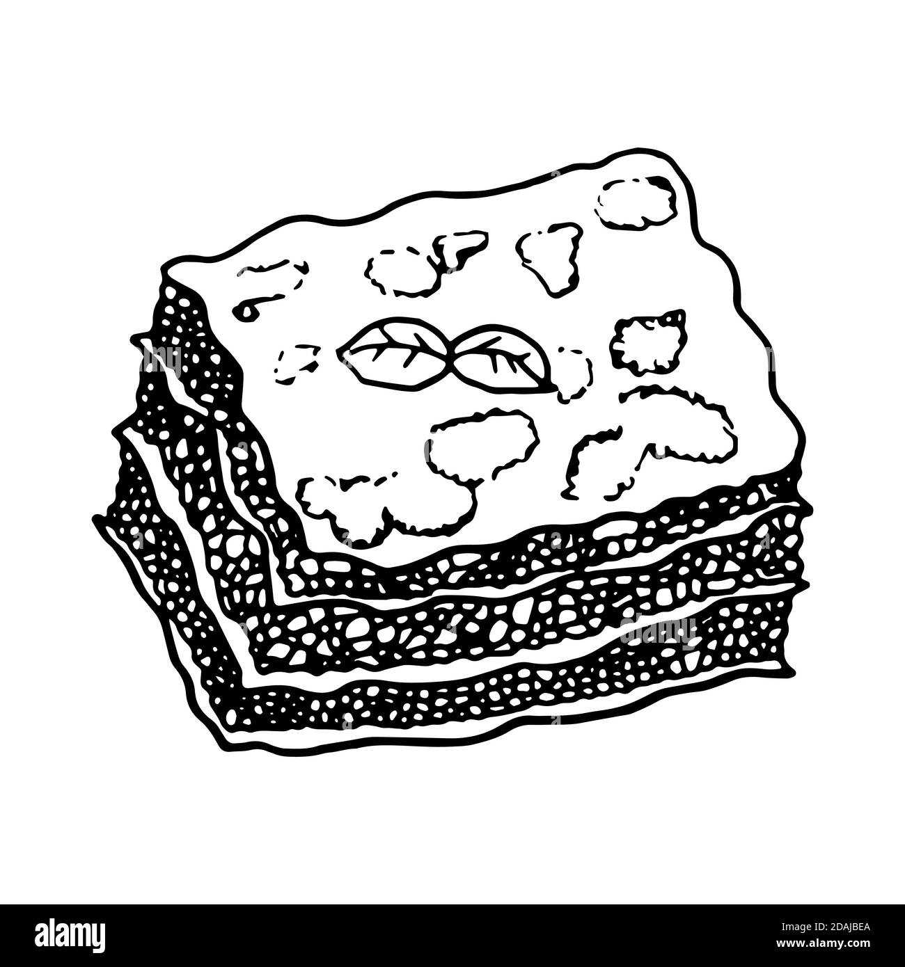 Lasagna cucina tradizionale italiana. Stile di schizzo disegnato a mano. Illustrazione vettoriale isolata su sfondo bianco per menu ristorante e design pacchetto, po Illustrazione Vettoriale