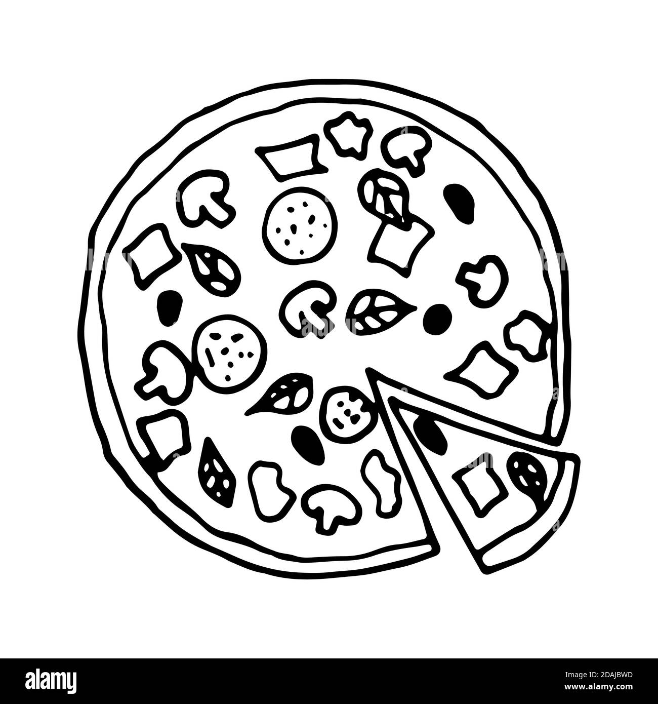 Pizza cucina italiana tradizionale. Stile di schizzo disegnato a mano. Illustrazione vettoriale isolata su sfondo bianco per il menu ristorante e il design del pacchetto, post Illustrazione Vettoriale