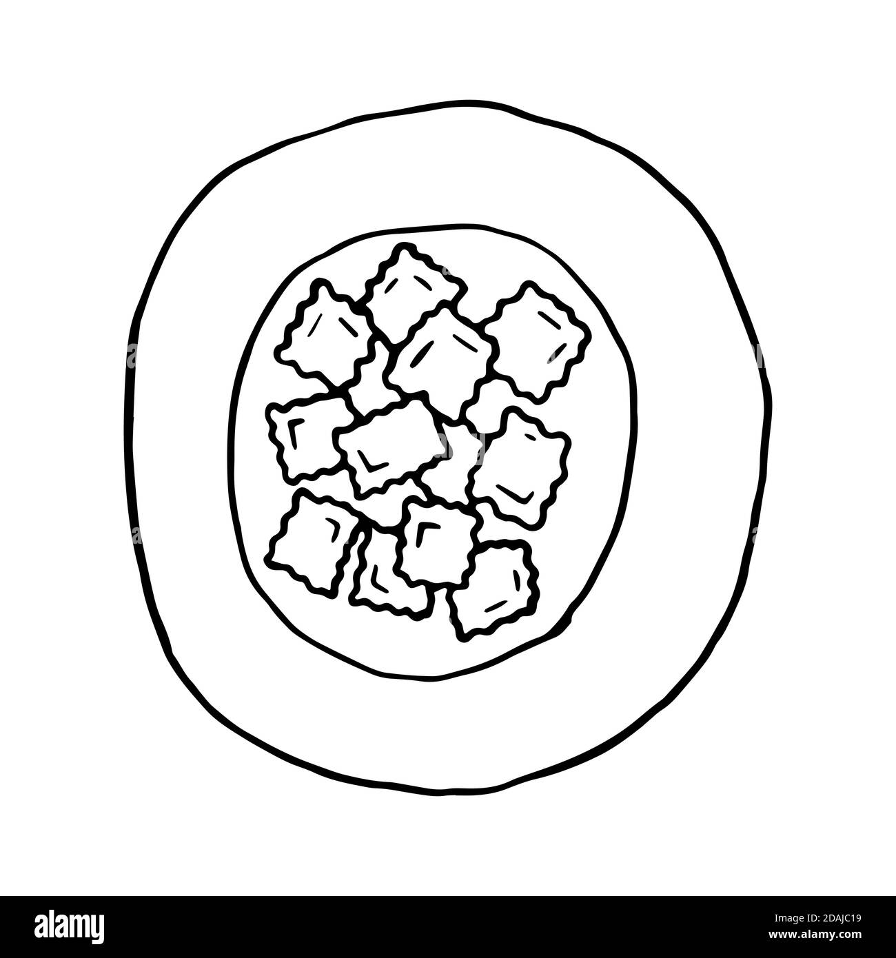 Ravioli cucina tradizionale italiana. Stile di schizzo disegnato a mano. Illustrazione vettoriale isolata su sfondo bianco per menu ristorante e design pacchetto, po Illustrazione Vettoriale