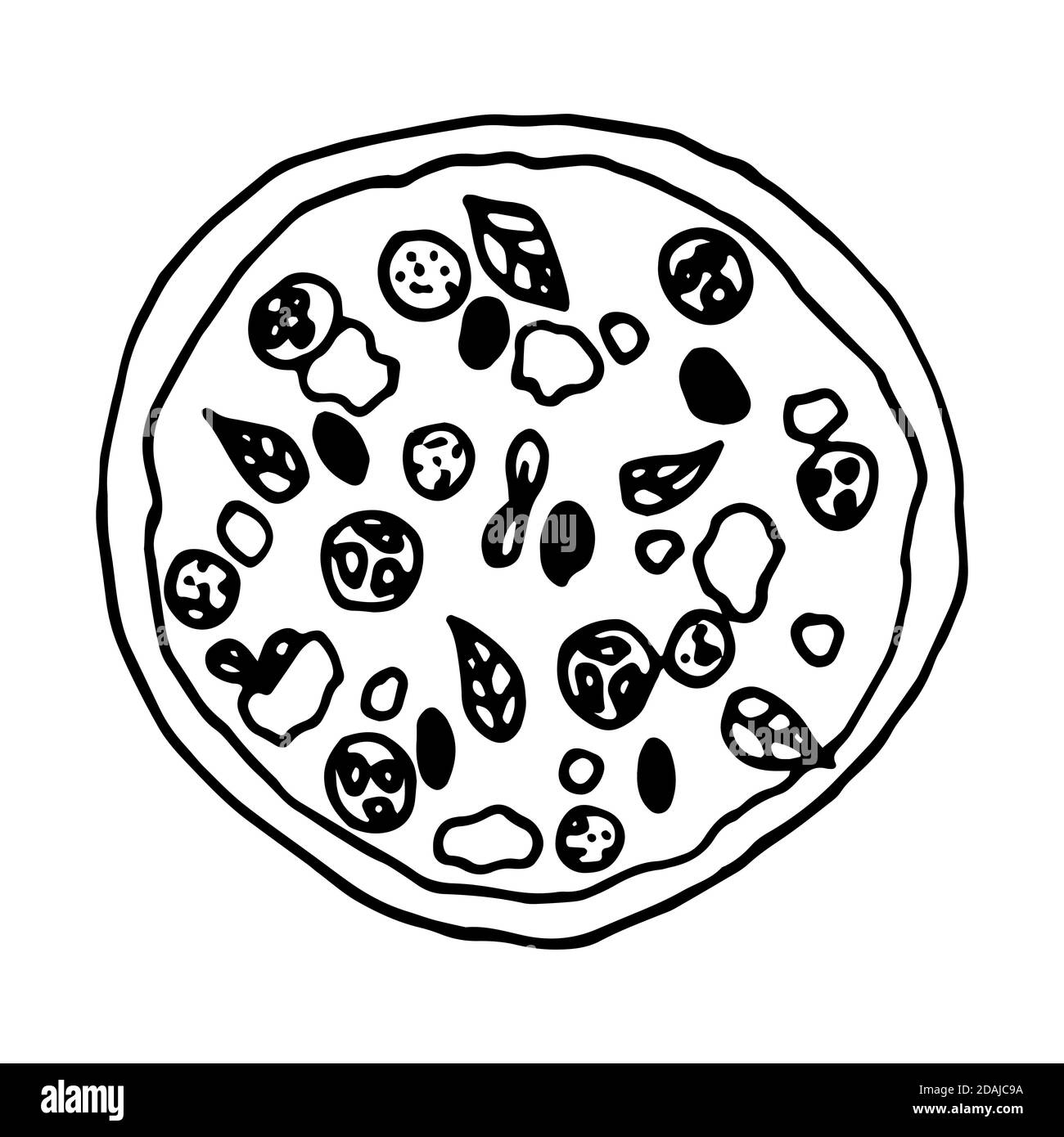 Pizza cucina italiana tradizionale. Stile di schizzo disegnato a mano. Illustrazione vettoriale isolata su sfondo bianco per il menu ristorante e il design del pacchetto, post Illustrazione Vettoriale