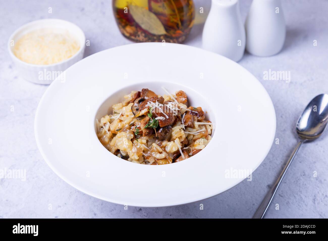 Risotto con funghi porcini. Piatto tradizionale italiano. Primo piano, orientamento orizzontale. Foto Stock