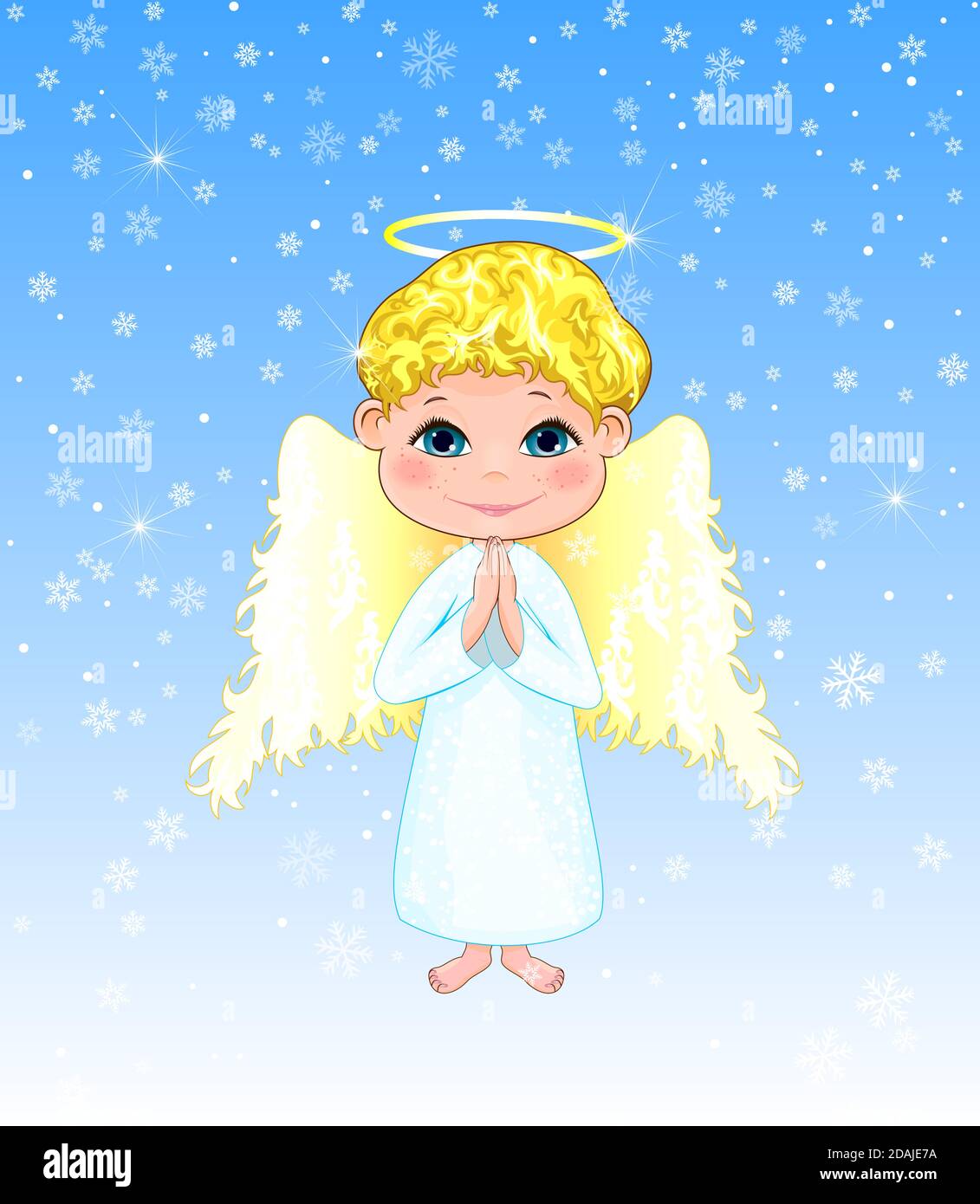 Piccolo angelo su sfondo invernale. Angelo ragazzo con ricci, con ali e un alone. Illustrazione Vettoriale