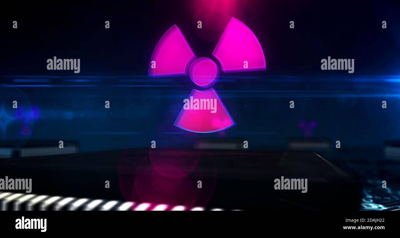 Cyber Attack con simbolo nucleare, pericolo, guerra digitale, conflitto cibernetico, hacking e concetto di spionaggio. Icona 3D futuristica che sorvola la scheda del computer Foto Stock
