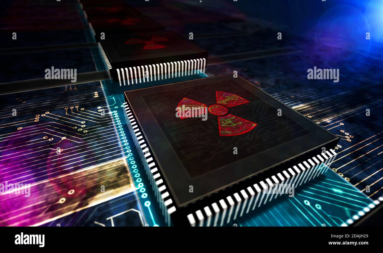 Cyber Attack con simbolo nucleare, pericolo, guerra digitale, conflitto cibernetico, hacking e spionaggio astratto concetto. Linea di produzione rendering 3d Illustra Foto Stock