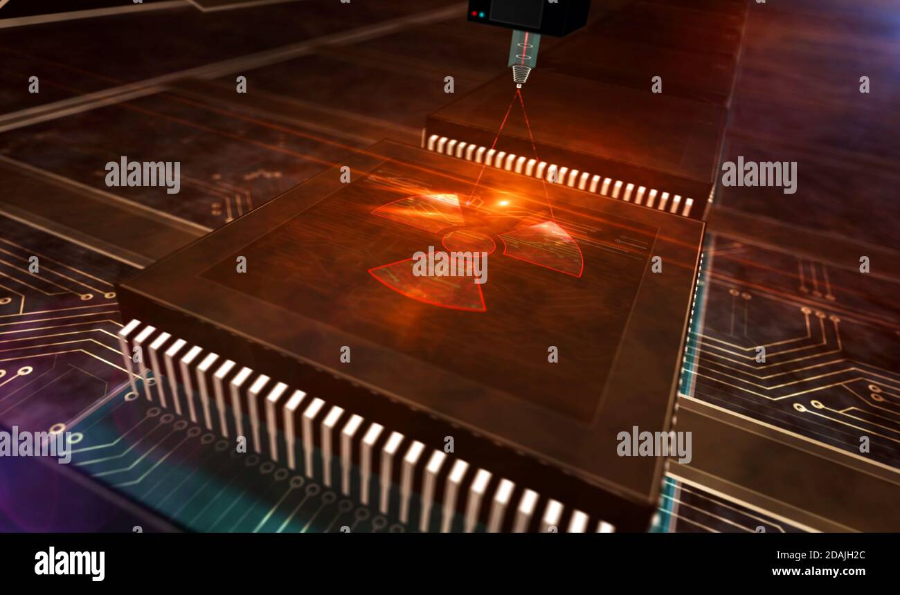 Cyber Attack con simbolo nucleare, pericolo, guerra digitale, conflitto cibernetico, hacking e spionaggio astratto concetto. Linea di produzione rendering 3d Illustra Foto Stock