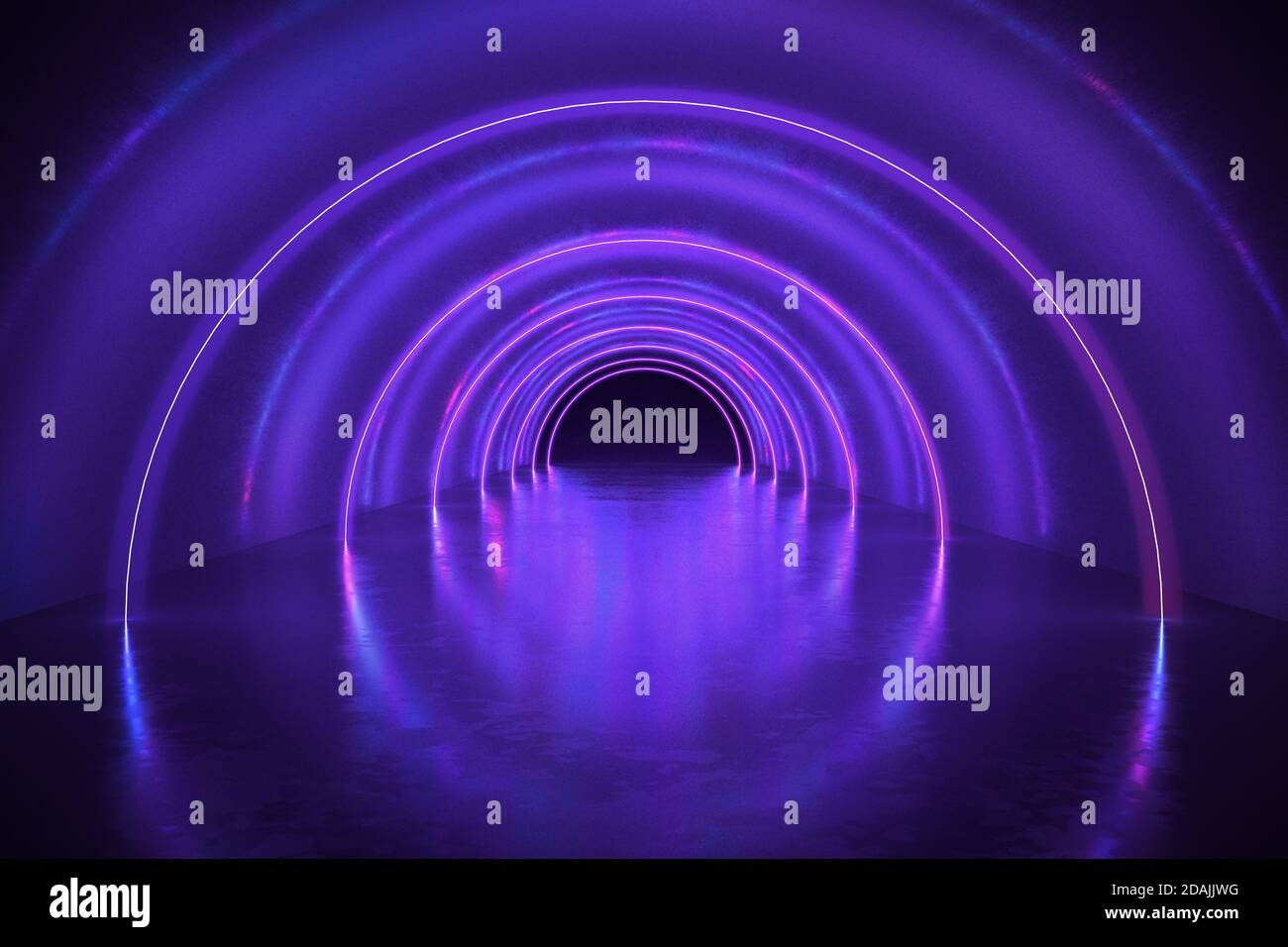 Tunnel astratto o corridoio con luci al neon. Illustrazione con rendering 3D. Foto Stock