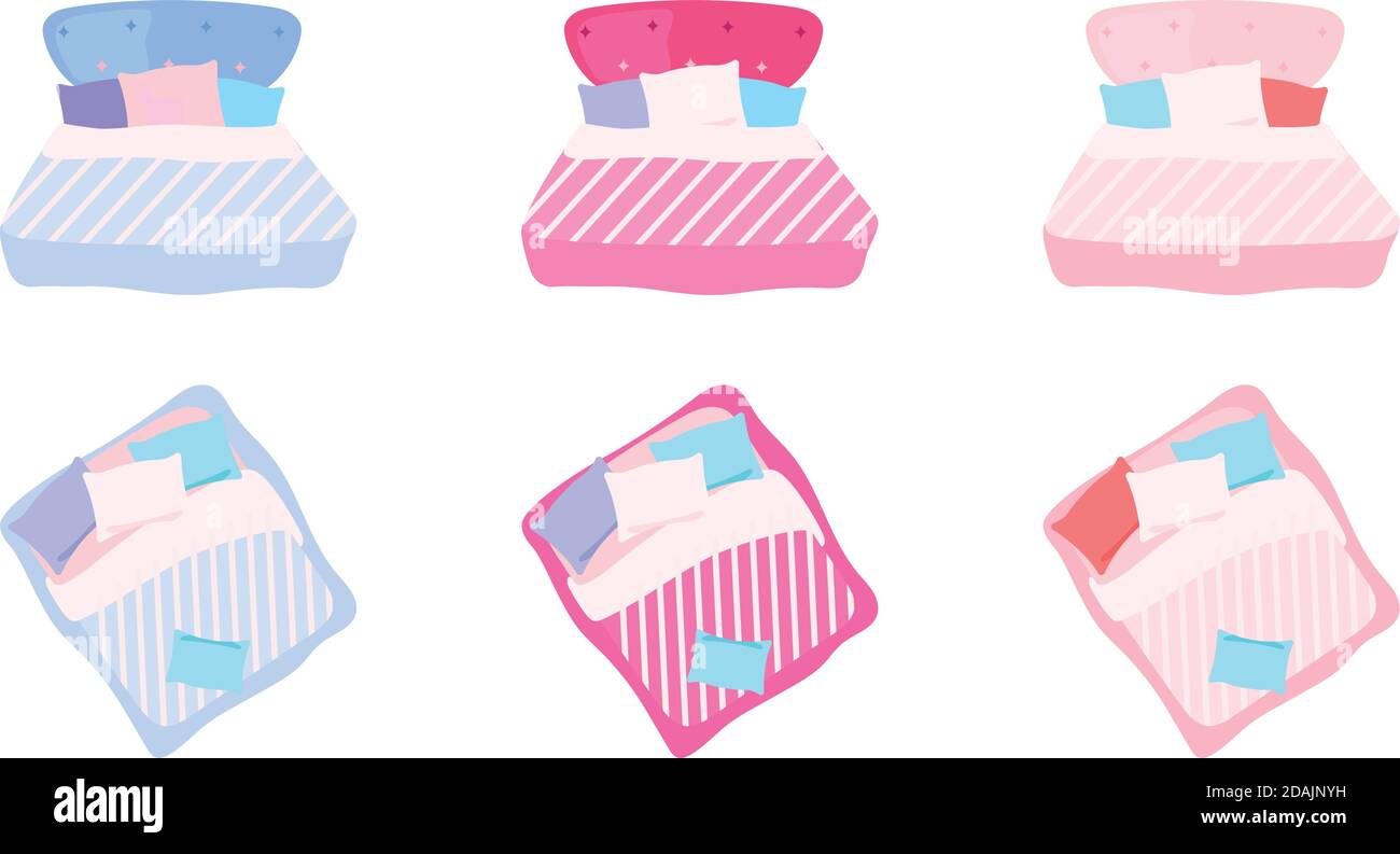 Letto con cuscini, set di oggetti vettoriali di colore piatto Illustrazione Vettoriale