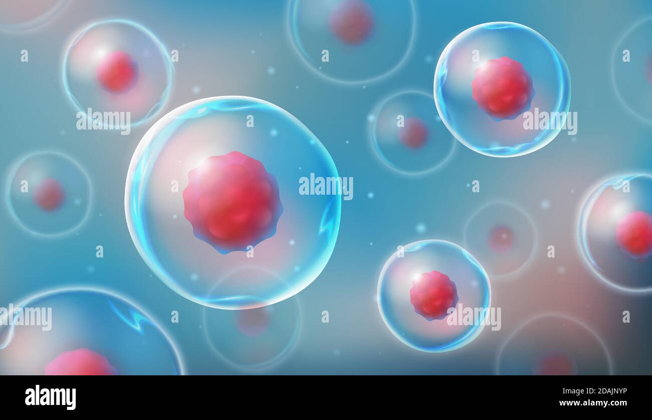 Cellule al microscopio. Ricerca di cellule staminali. Terapia cellulare. Divisione cellulare. Illustrazione vettoriale su sfondo chiaro Illustrazione Vettoriale