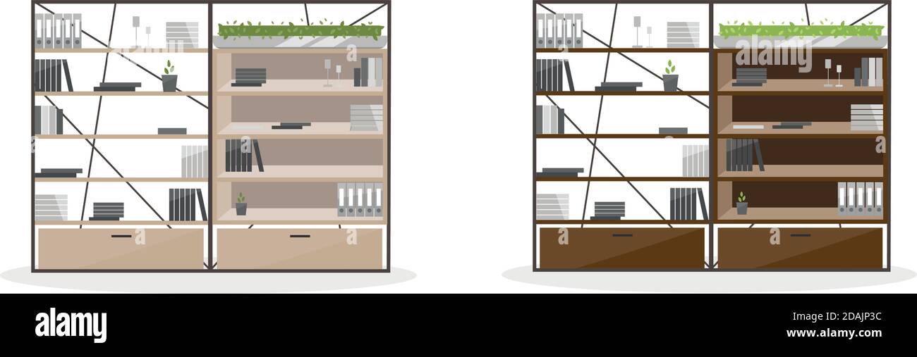 Set di oggetti vettoriali a colori piatti per scaffali per ufficio Illustrazione Vettoriale