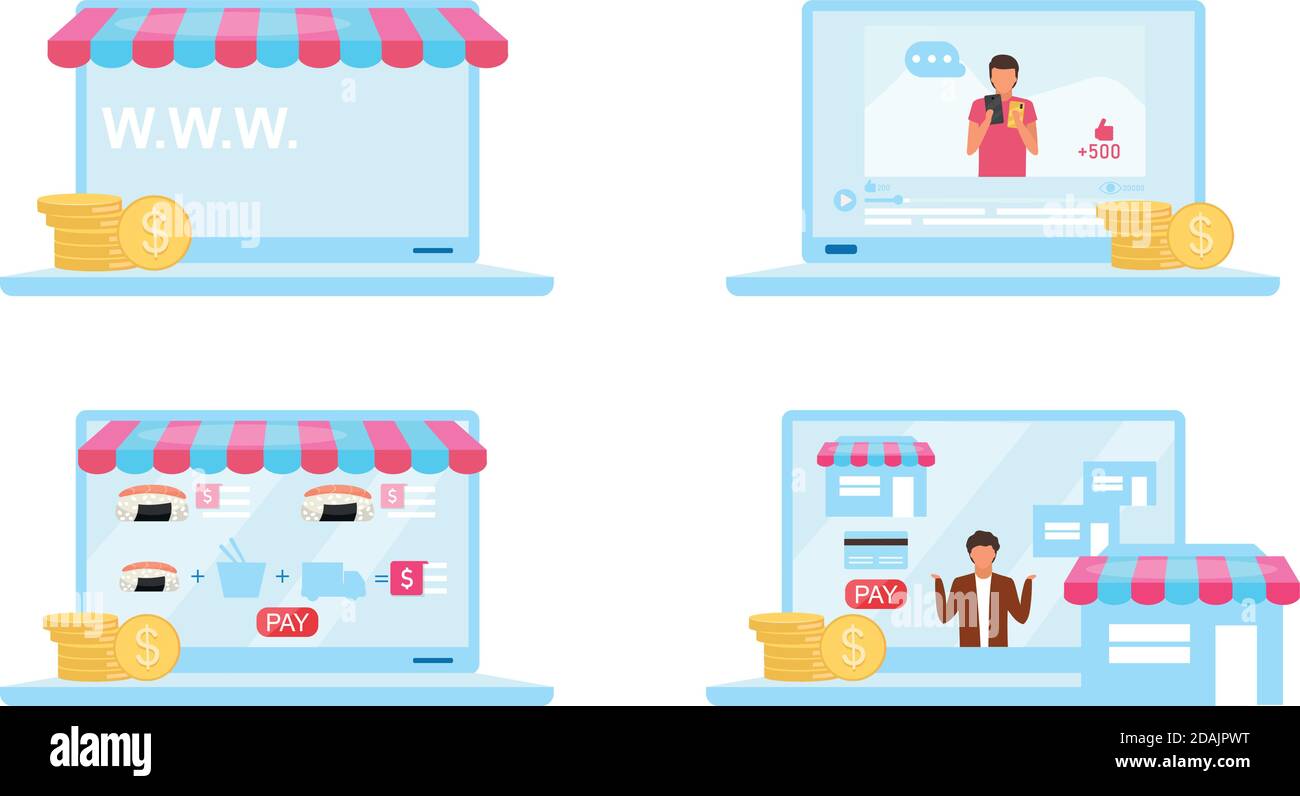 Online mercati oggetti piatti set Illustrazione Vettoriale