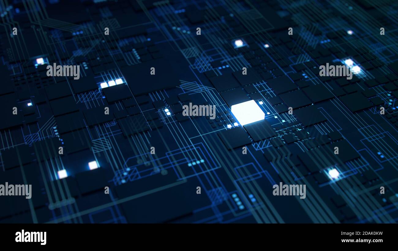 Rappresentazione 3D di una vista macro di una scheda a circuito stampato elettronica futuristica con microchip e propediti. Concetto di base della tecnologia. Foto Stock