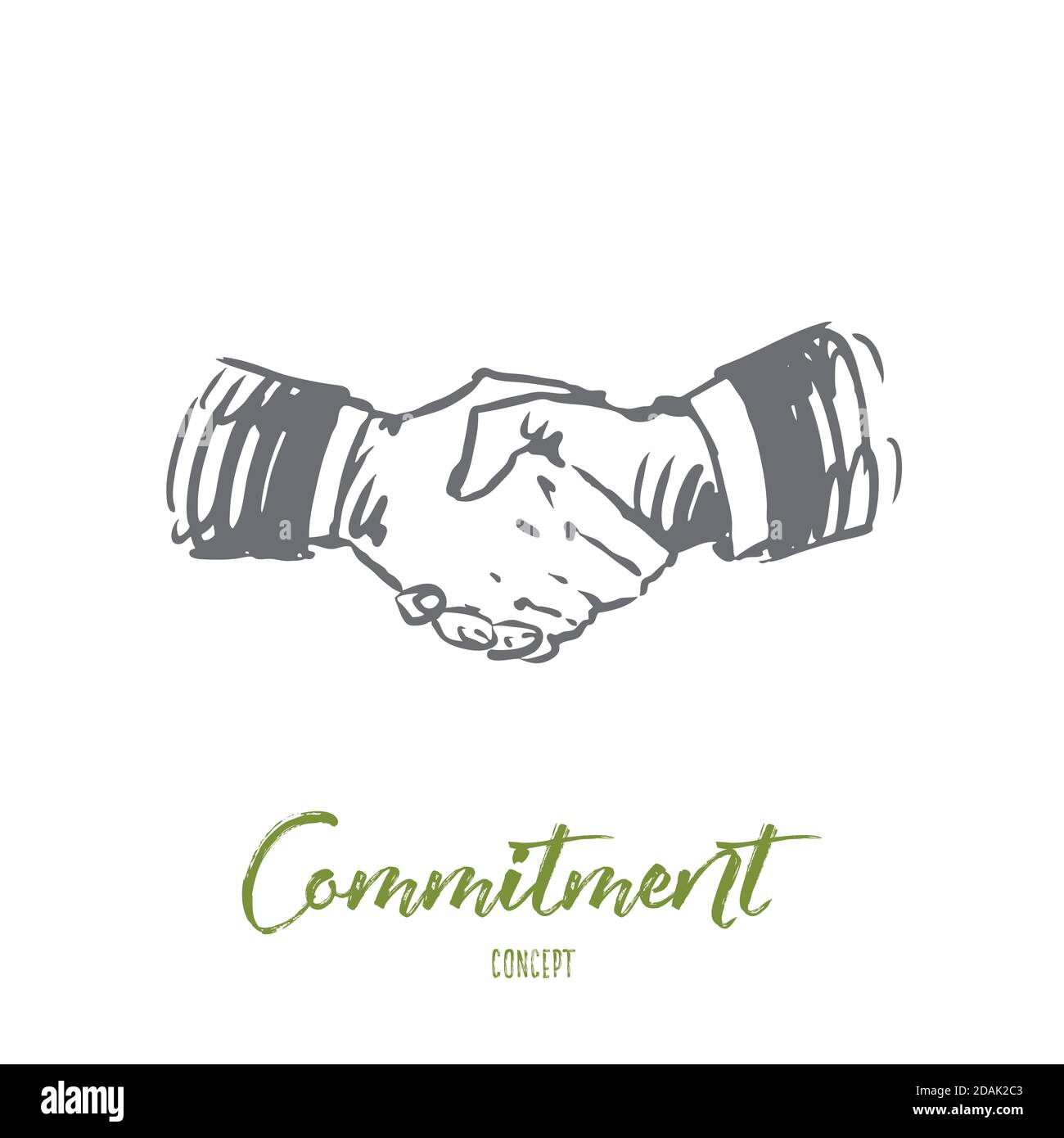 Impegno, mano, affare, affari, concetto di partnership. Vettore isolato disegnato a mano. Illustrazione Vettoriale