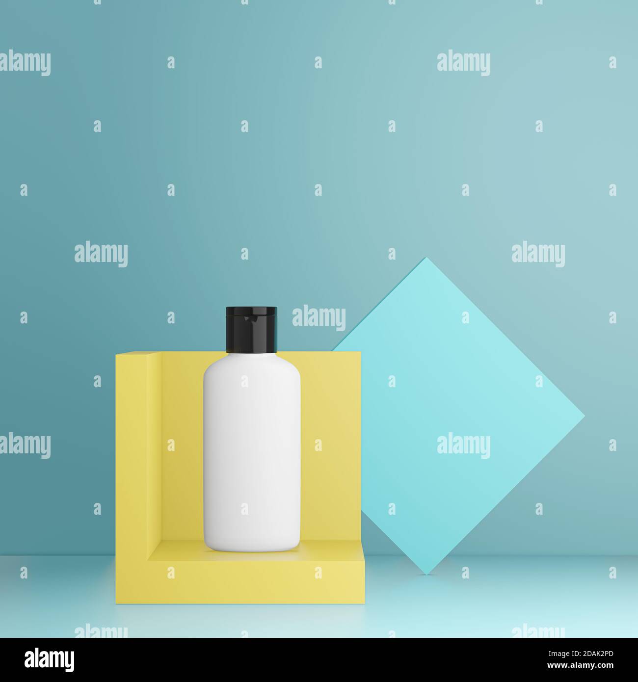 Bottiglia di plastica sul palco del podio per la presentazione del prodotto. Rendering 3D. Foto Stock