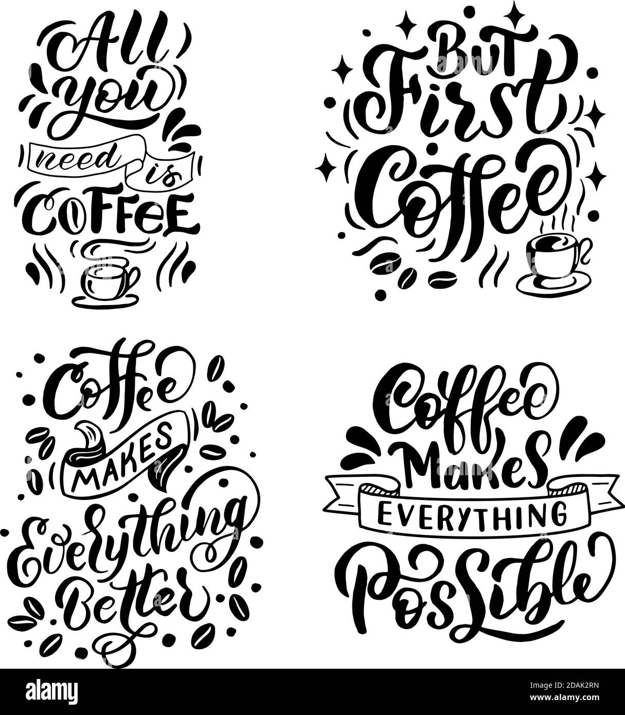 Insieme di citazioni sul caffè, in lettere nere su sfondo bianco, in grafica vettoriale. Per la progettazione di cartoline, poster, stampe per t-shirt Illustrazione Vettoriale