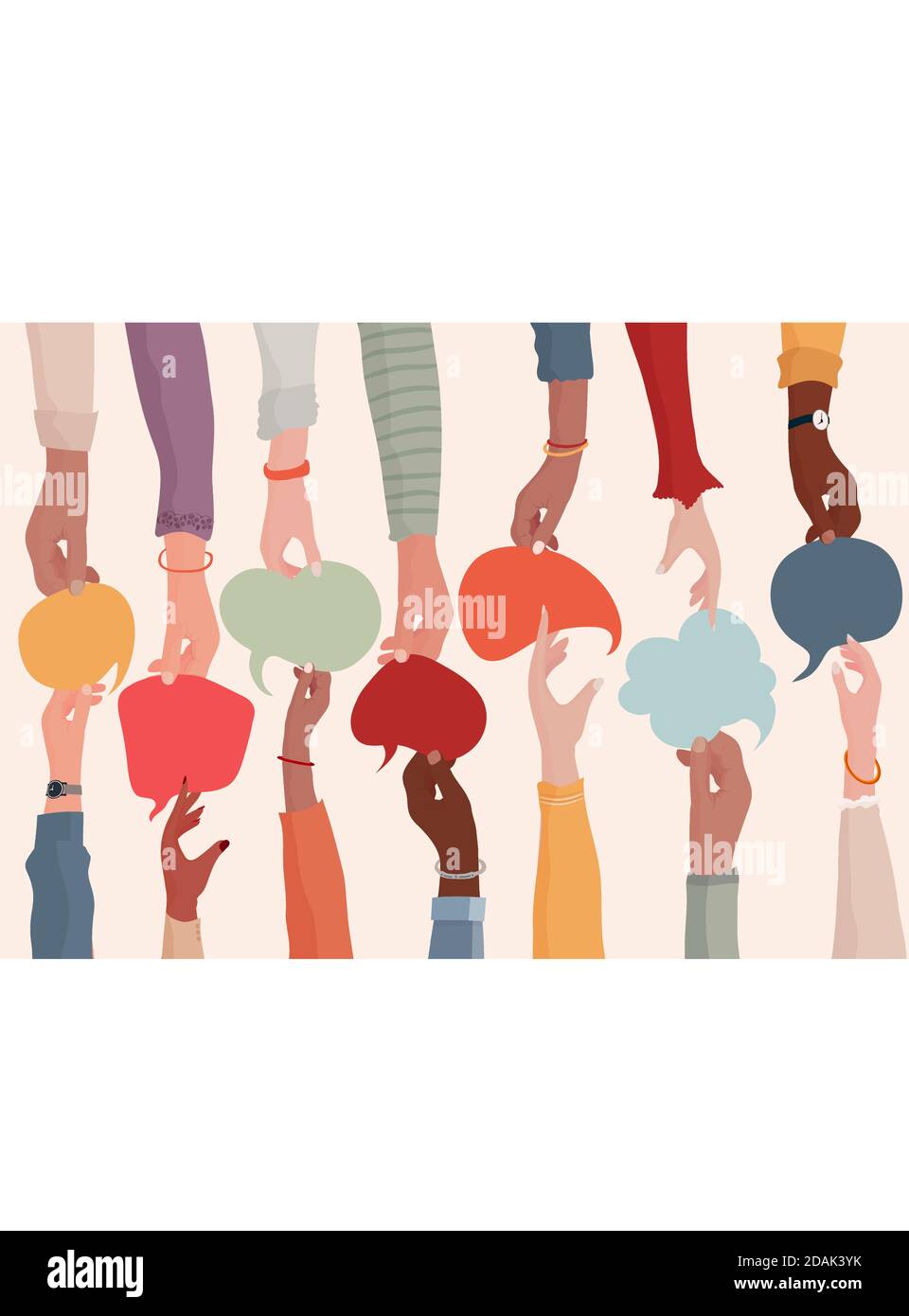 Accordo o affare tra un gruppo di colleghi o collaboratori.diversità persone che scambiano informazioni.armi e mani tenere bolla del discorso. Illustrazione Vettoriale