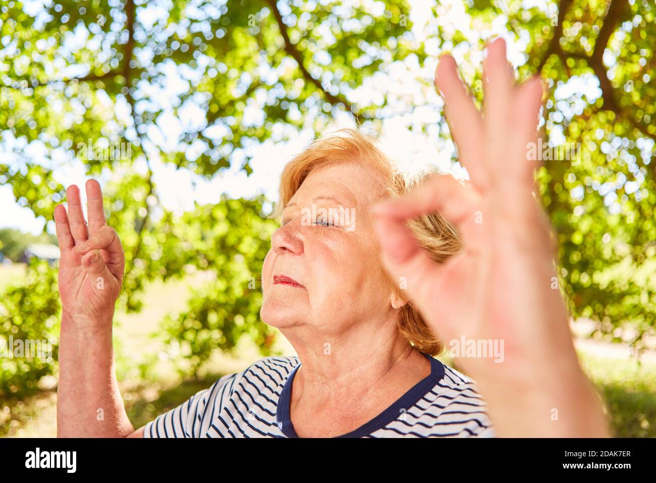 Donna anziana con occhi chiusi durante una meditazione zen in natura in estate Foto Stock