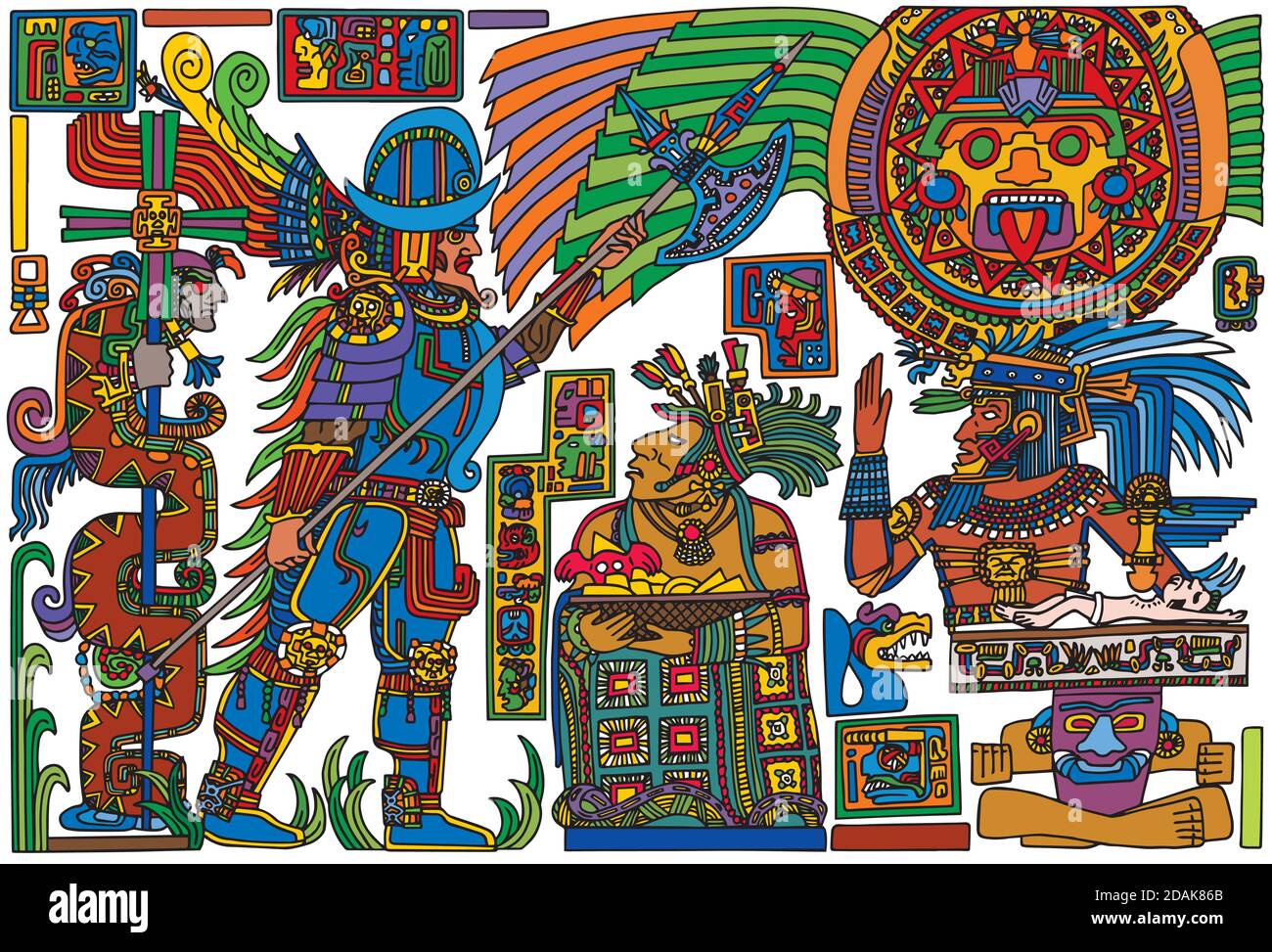 Illustrazione colorata del conquistador spagnolo che incontra il popolo nativo americano precolombiano, in stile fumetto. Illustrazione digitale. Foto Stock
