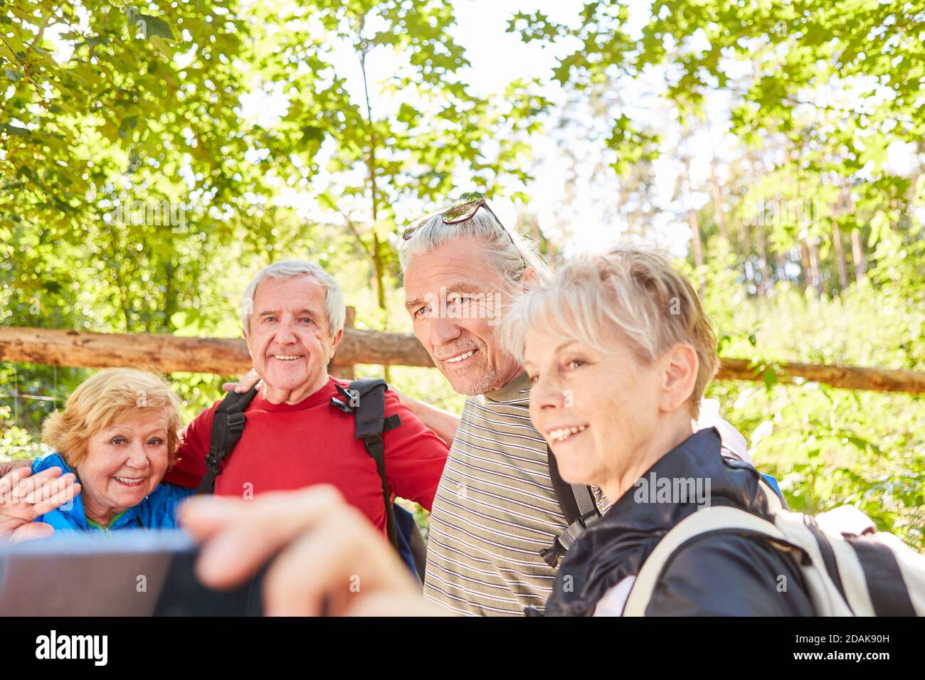 Gruppo escursionistico senior fa un selfie con smartphone in natura in estate Foto Stock