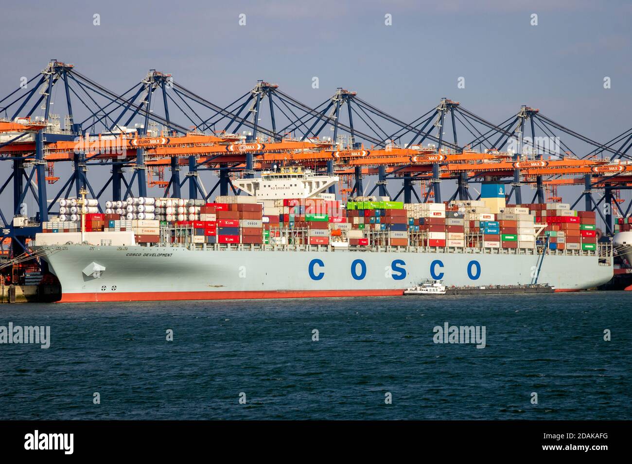 Nave portacontainer COSCO caricata da gru a portale nel terminal di spedizione ECT nel porto di Rotterdam. 16 marzo 2016 Foto Stock