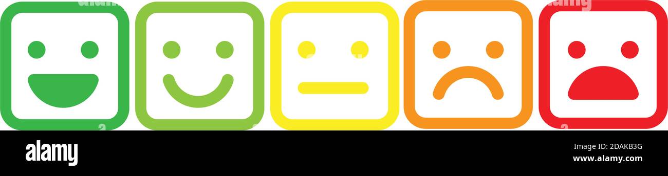 Emoticon di base quadrate con angoli arrotondati. Cinque espressioni facciali della scala di feedback - da positiva a negativa. Icone vettoriali semplici e colorate. Illustrazione Vettoriale
