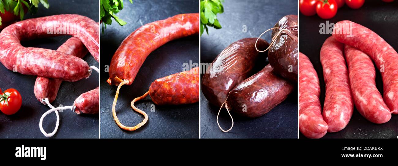 Selezione di prodotti di delicatessen SpagnoliSause e salsicce di sangue di maiale iberico su sfondo di ardesia nera. Carne cruda e prodotto elaborato. Foto Stock