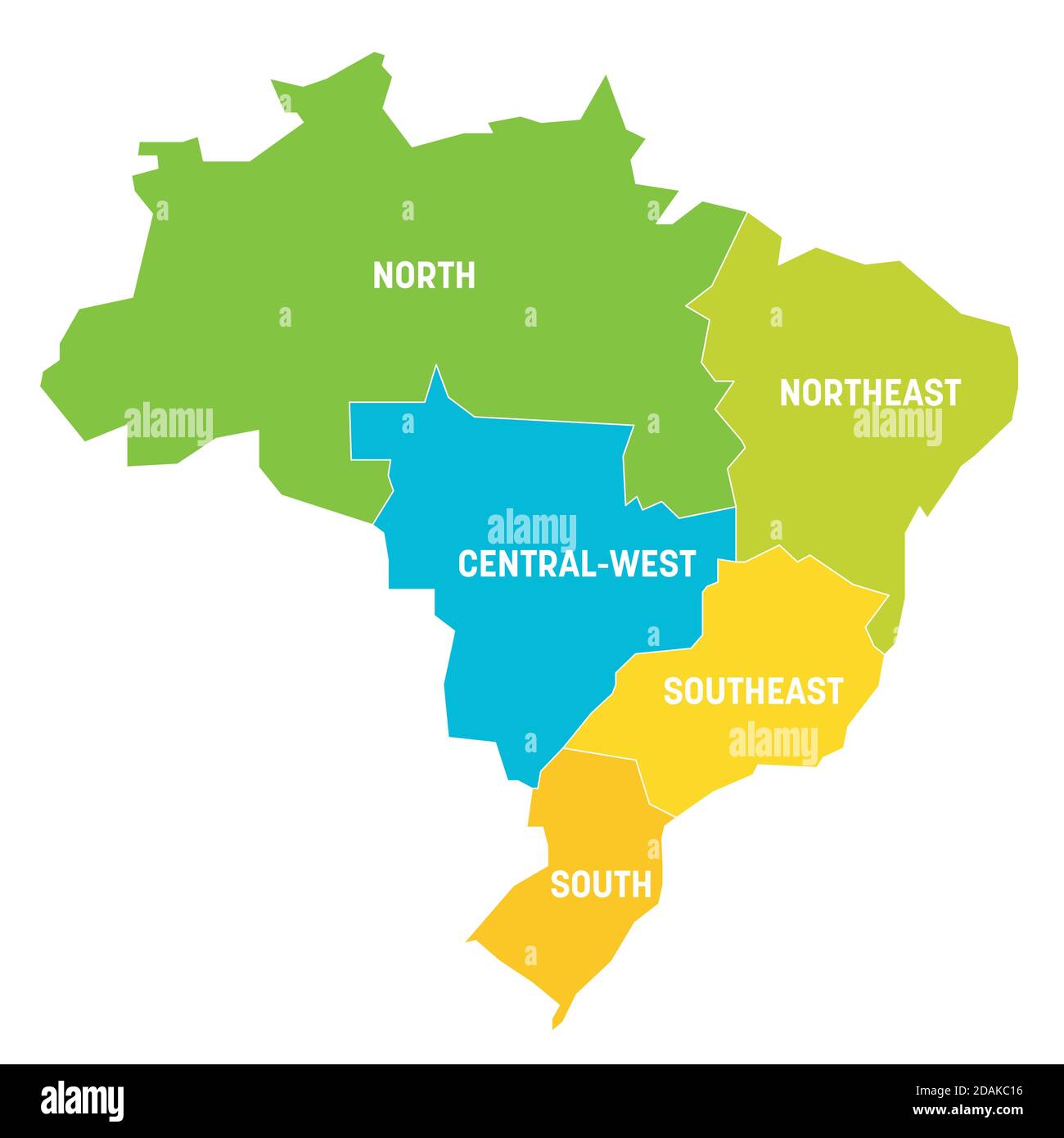 Mappa politica colorata del Brasile. Gli stati dividono per colore in 5 regioni . Semplice mappa vettoriale piatta con etichette. Illustrazione Vettoriale