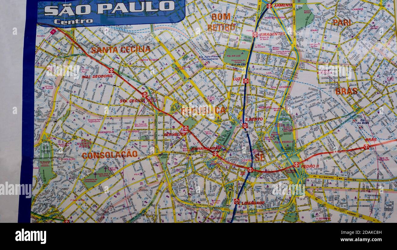 Mappa di San Paolo, Brasile, conosciuta come guida, opuscolo che mostra il centro della città di San Paolo, Brasile con le strade e i quartieri Foto Stock