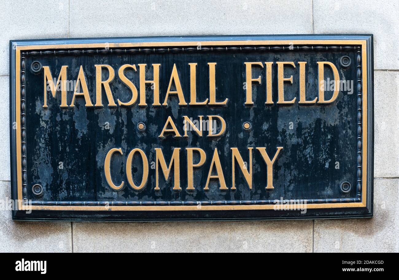 Cartello Marshall Field Store su state Street a Chicago, Illinois Foto Stock