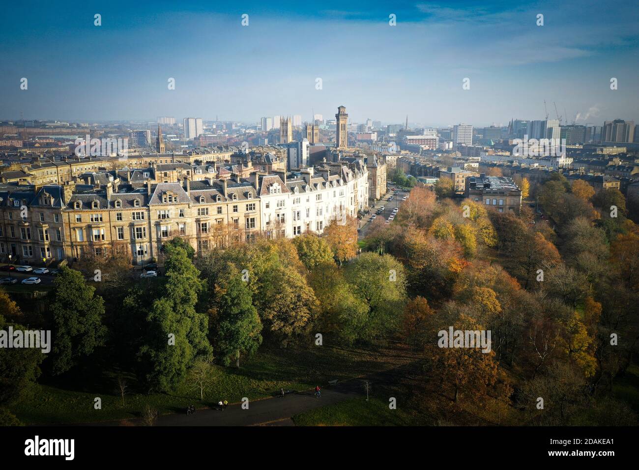 Vista aerea del drone del Park Terrace Glasgow Foto Stock