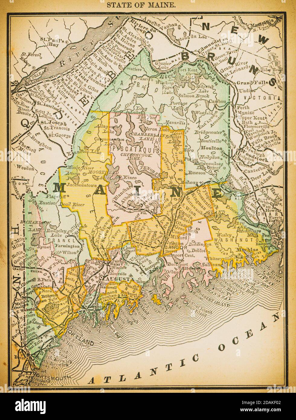 Mappa del 19 ° secolo di stato del Maine. Pubblicato in New Dollar Atlas degli Stati Uniti e Dominion del Canada. (Rand McNally & Co's, Chicago, 1884). Foto Stock