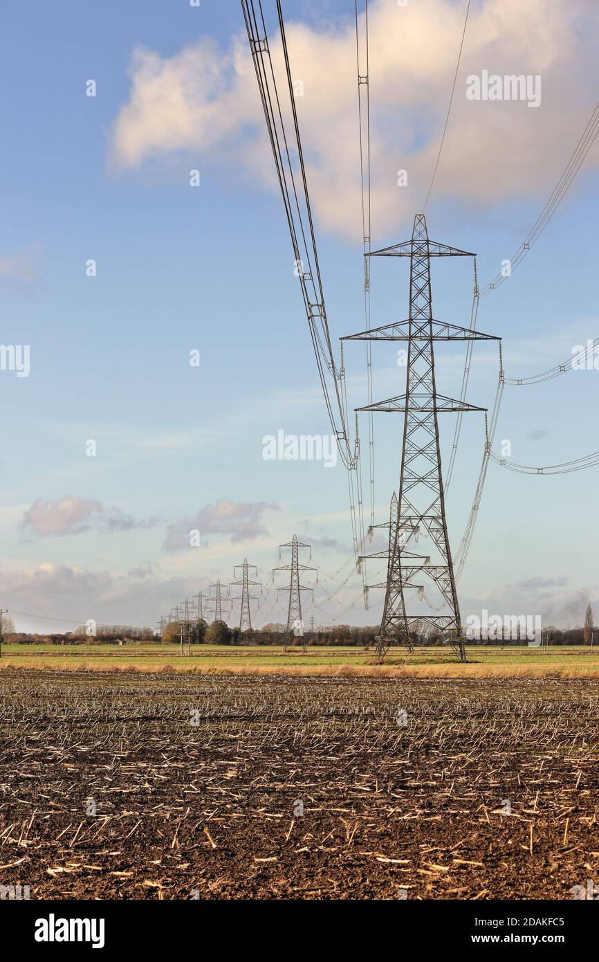 Fila di piloni elettrici in un paesaggio rurale inglese in Sud Oxfordshire Foto Stock