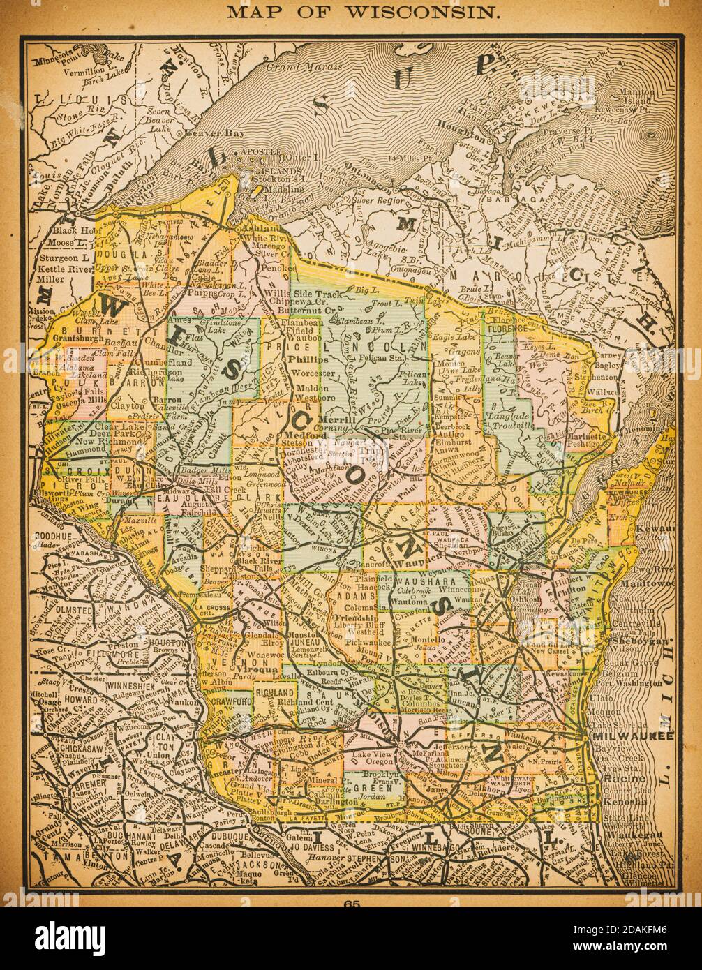 Mappa del Wisconsin del XIX secolo. Pubblicato in New Dollar Atlas degli Stati Uniti e Dominion del Canada. (Rand McNally & Co's, Chicago, 1884). Foto Stock