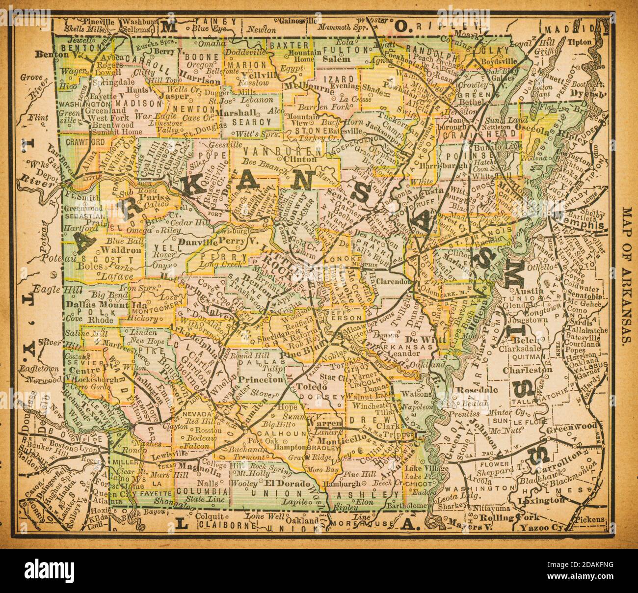 Mappa del XIX secolo dell'Arkansas. Pubblicato in New Dollar Atlas degli Stati Uniti e Dominion del Canada. (Rand McNally & Co's, Chicago, 1884). Foto Stock