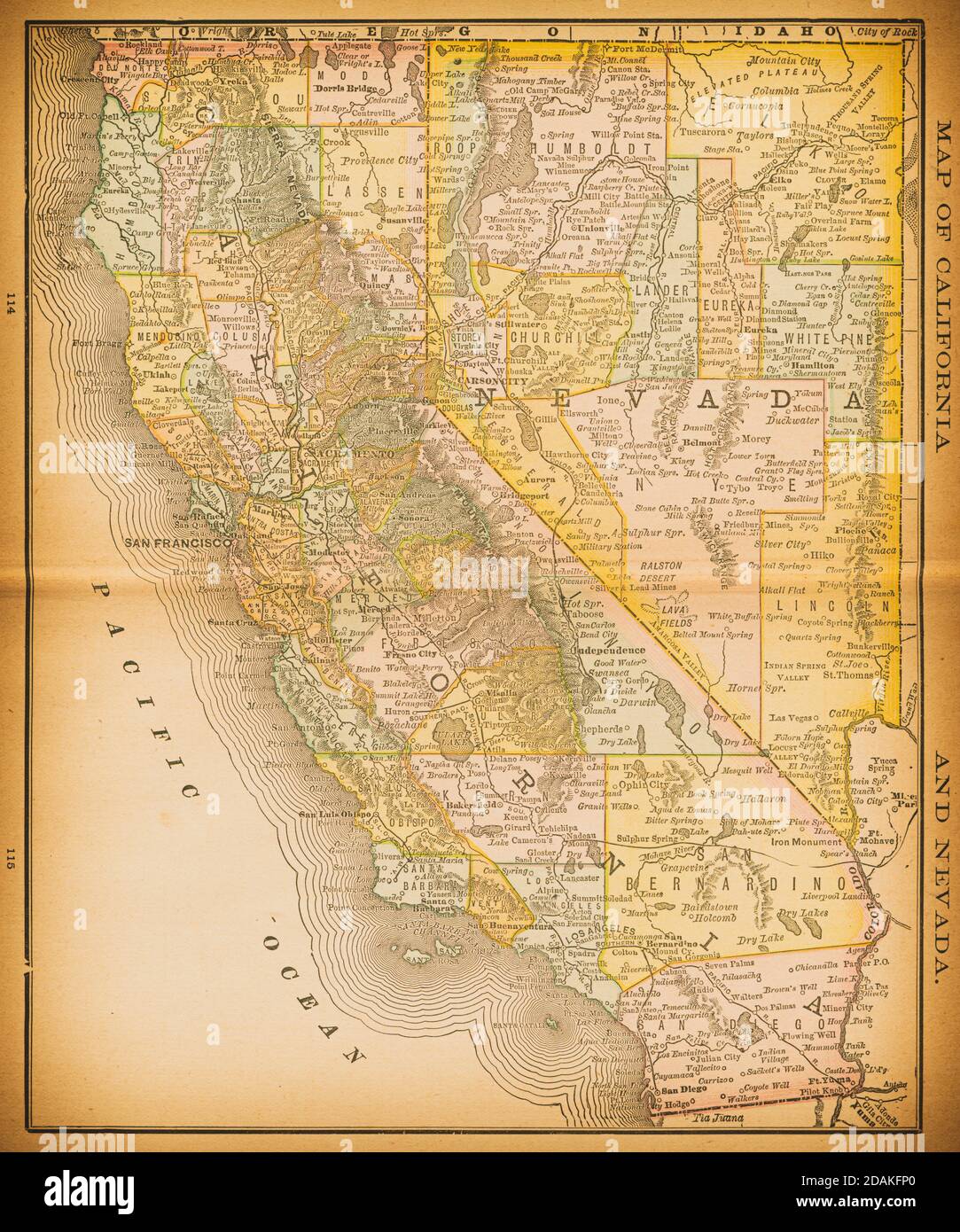 Mappa del XIX secolo della California e del Nevada. Pubblicato in New Dollar Atlas degli Stati Uniti e Dominion del Canada. (Rand McNally & Co's, Chicago, 1 Foto Stock