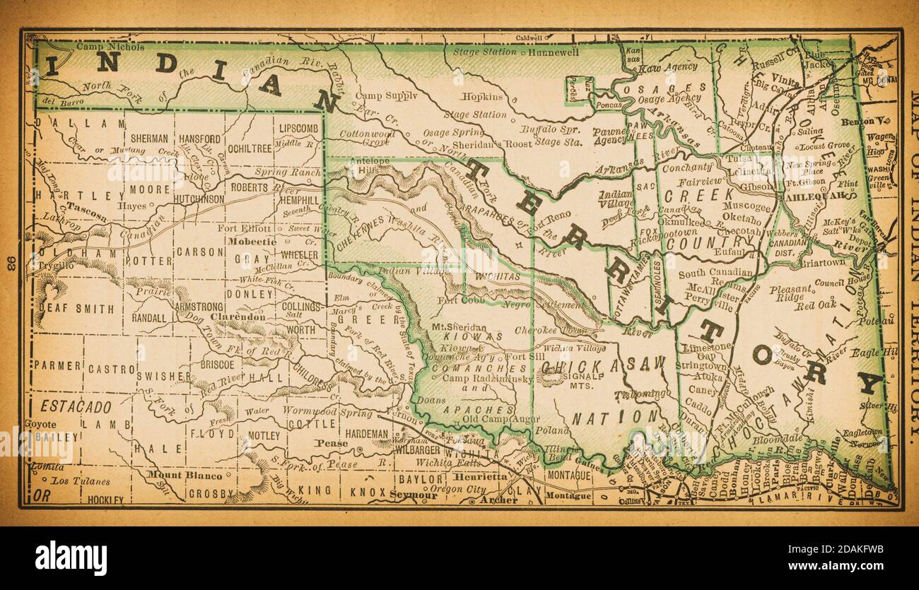 Mappa del XIX secolo del territorio indiano. Pubblicato in New Dollar Atlas degli Stati Uniti e Dominion del Canada. (Rand McNally & Co's, Chicago, 1884). Foto Stock