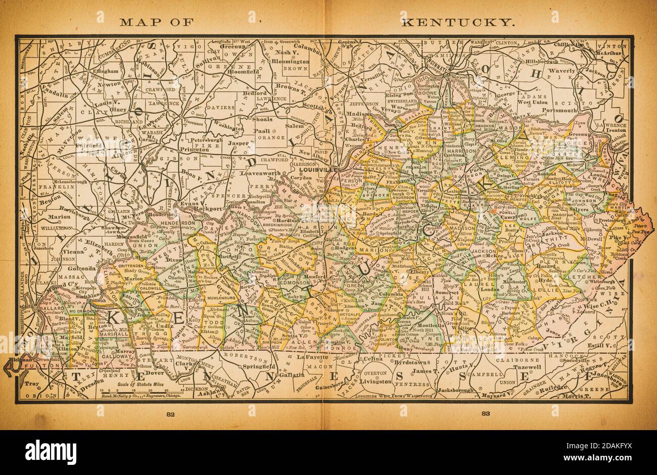 Mappa del XIX secolo del Kentucky. Pubblicato in New Dollar Atlas degli Stati Uniti e Dominion del Canada. (Rand McNally & Co's, Chicago, 1884). Foto Stock