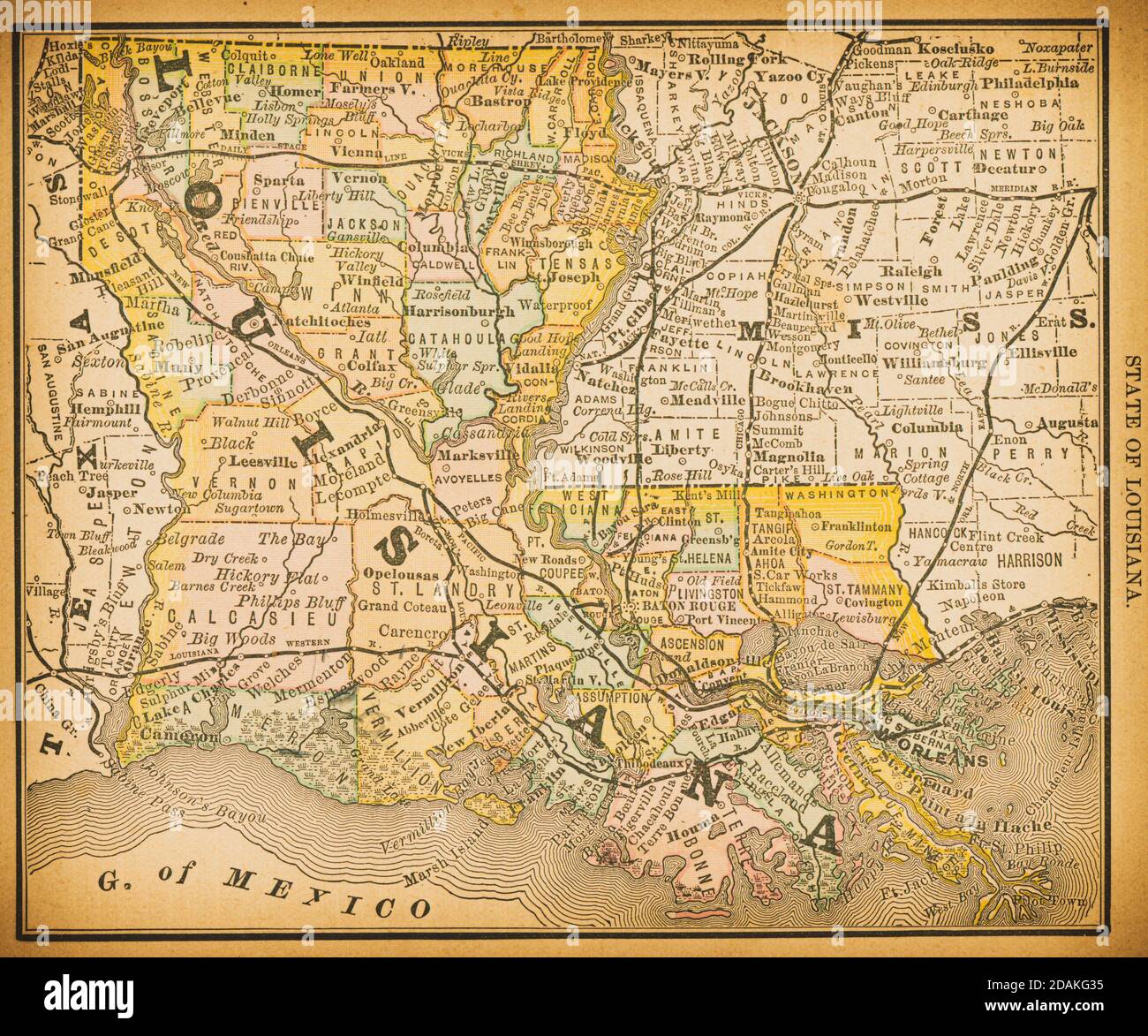 Mappa del 19 ° secolo della Louisiana. Pubblicato in New Dollar Atlas degli Stati Uniti e Dominion del Canada. (Rand McNally & Co's, Chicago, 1884). Foto Stock