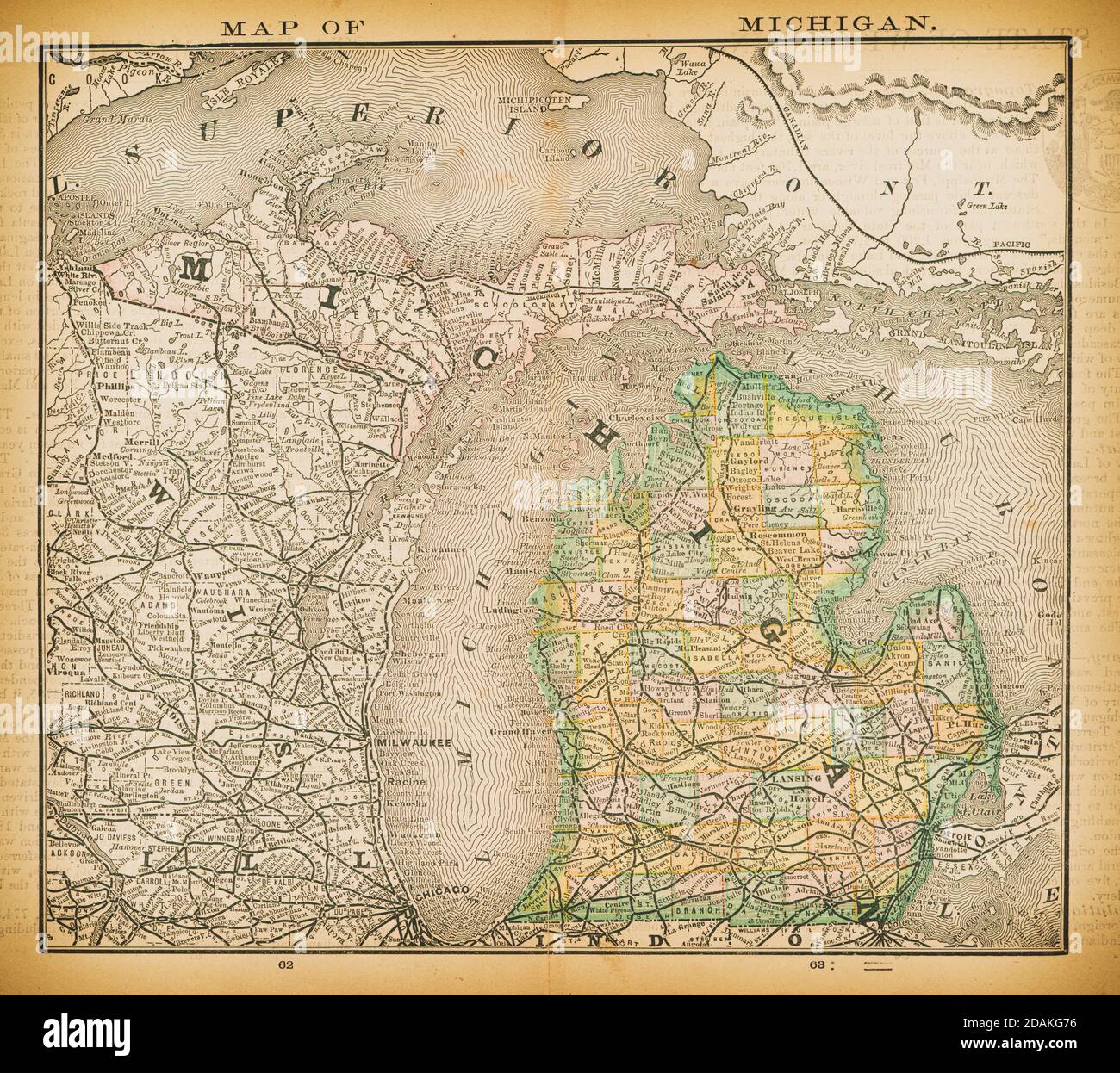 Mappa del Michigan del XIX secolo. Pubblicato in New Dollar Atlas degli Stati Uniti e Dominion del Canada. (Rand McNally & Co's, Chicago, 1884). Foto Stock