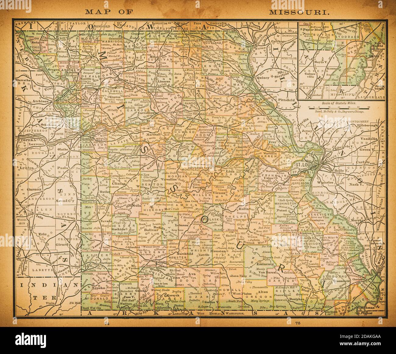 Mappa del Missouri del XIX secolo. Pubblicato in New Dollar Atlas degli Stati Uniti e Dominion del Canada. (Rand McNally & Co's, Chicago, 1884). Foto Stock