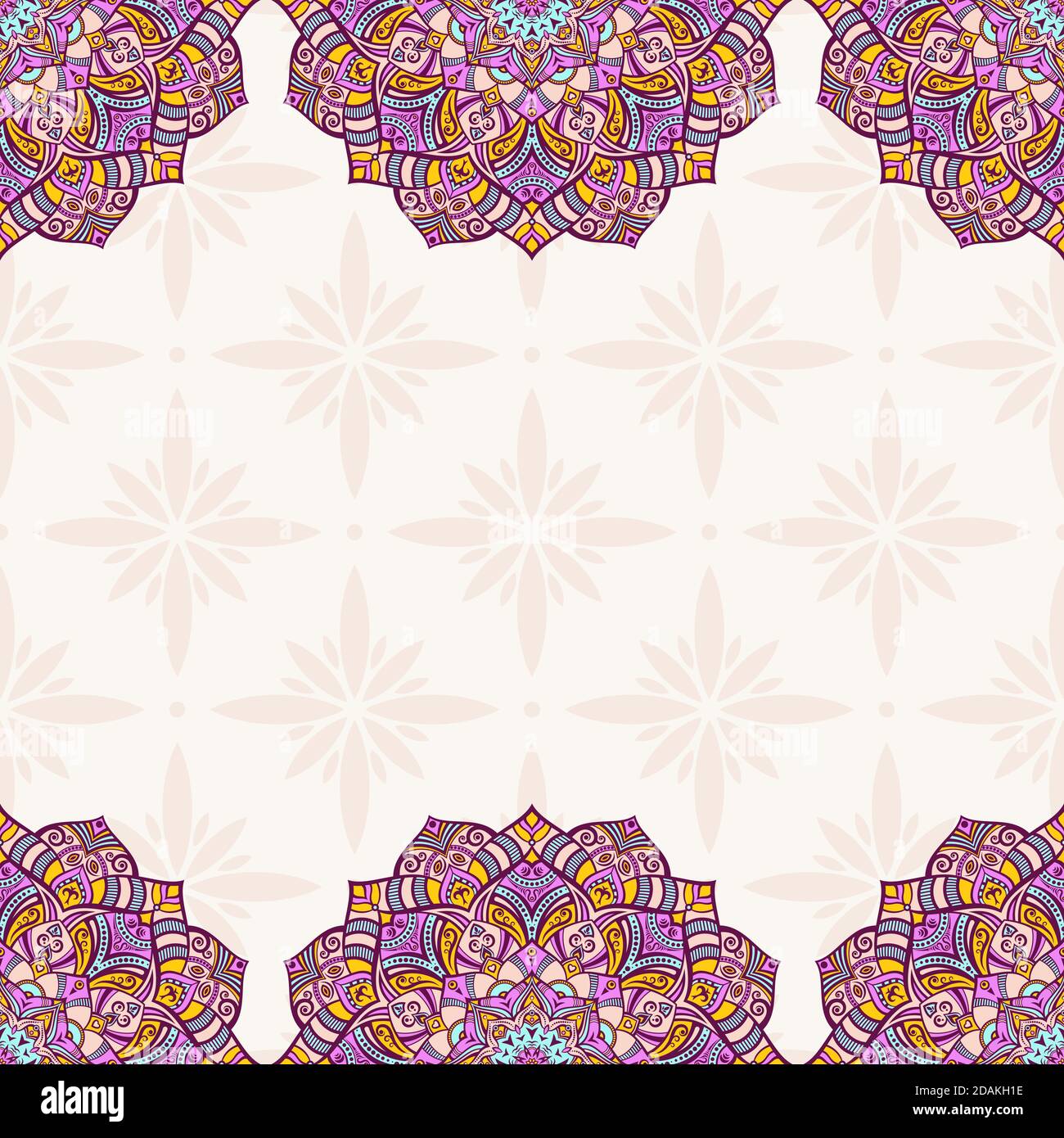 Motivo senza giunture con mandala. Confini in merletto Mehndi. Texture infinita. Spazio per il testo. Sfondo a colori vettoriali. Illustrazione Vettoriale