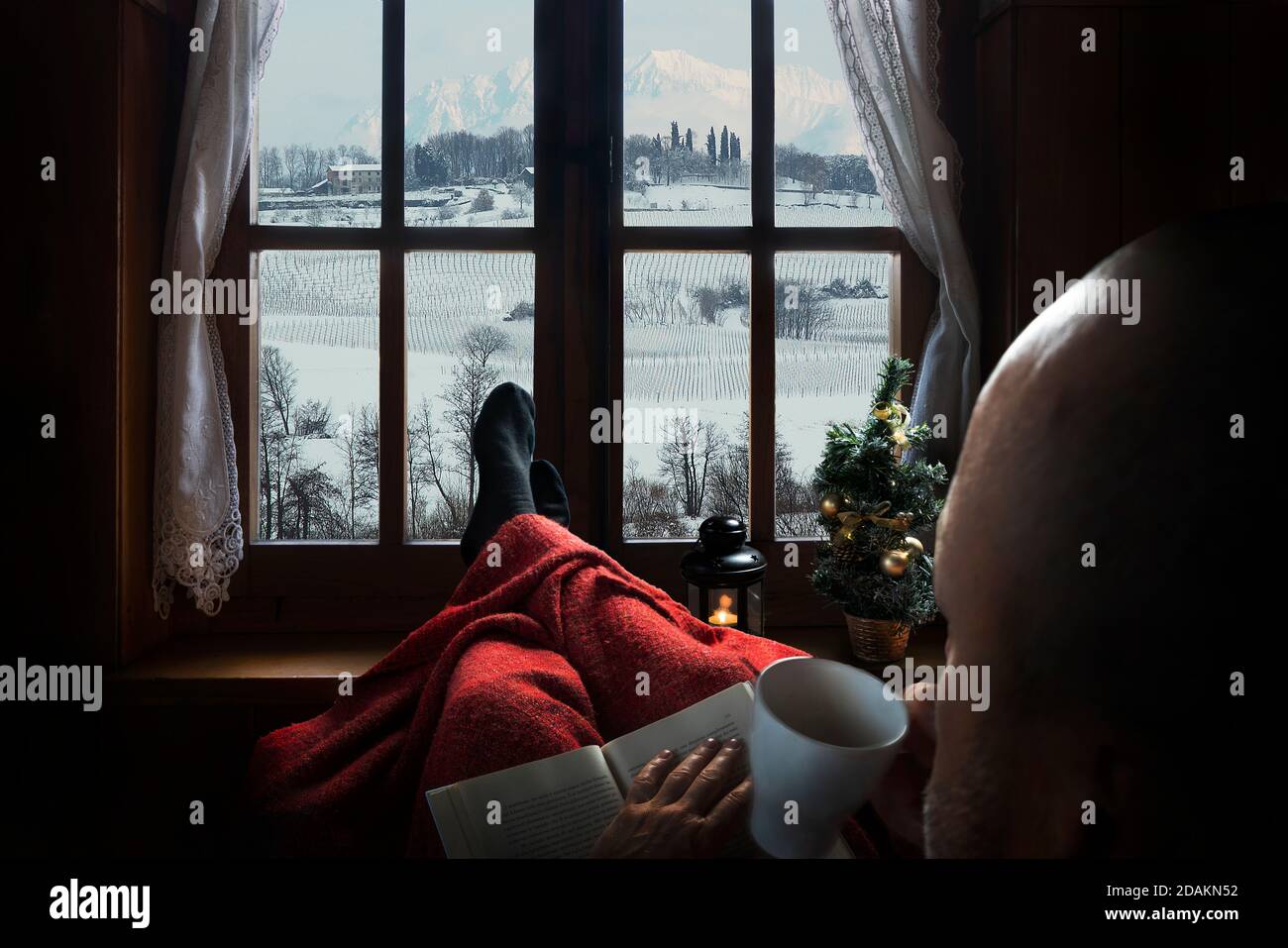 Un uomo che legge un libro davanti alla finestra A Natale Foto Stock