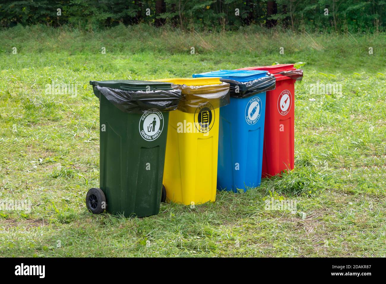 Contenitori colorati per la raccolta differenziata dei rifiuti in prato verde. Foto Stock