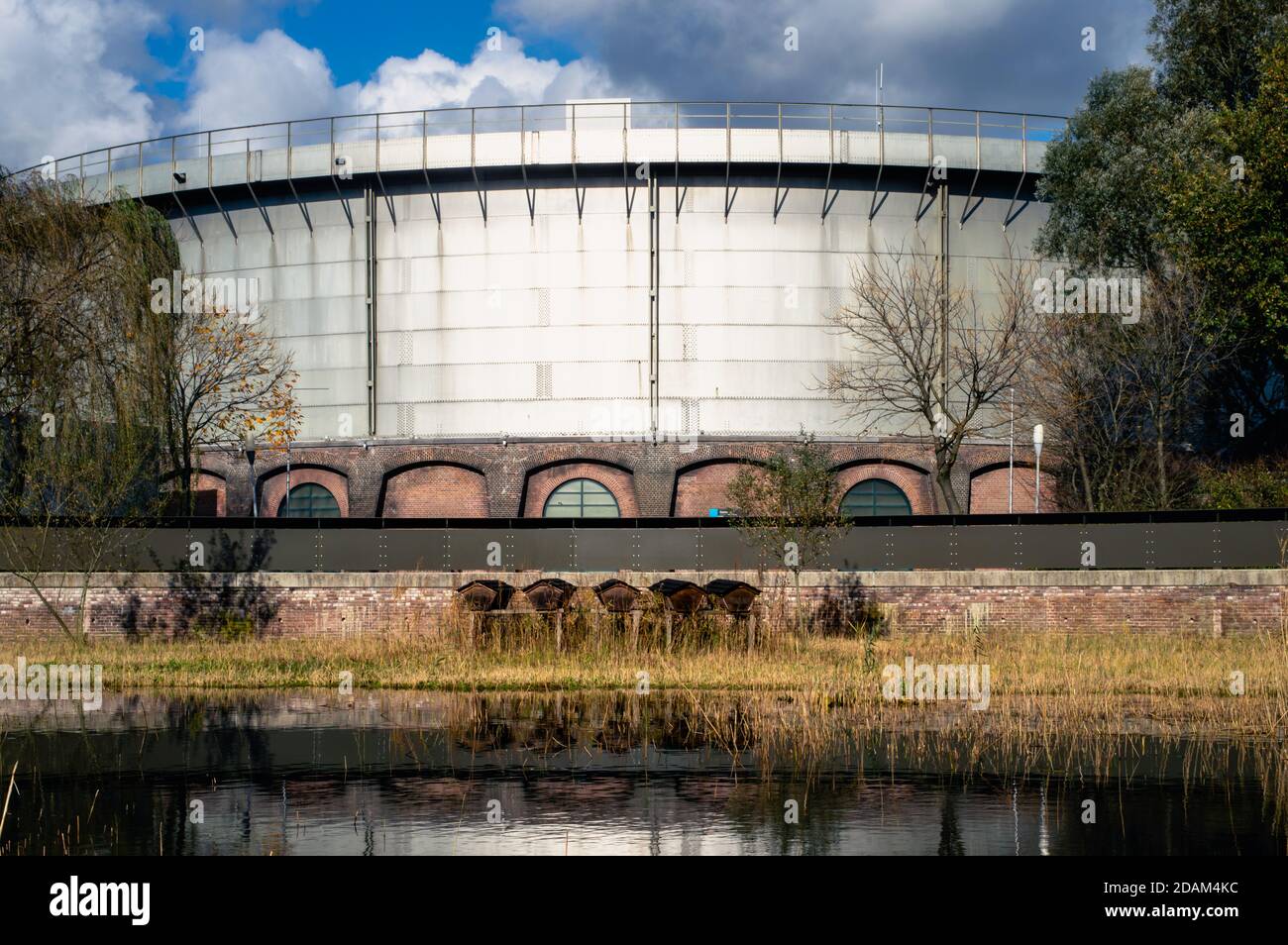 Alveari su un pezzetto d'erba in un laghetto pubblico di fronte a un vecchio detentore di gas della fabbrica di gas occidentale rientrata ad Amsterdam, Paesi Bassi Foto Stock